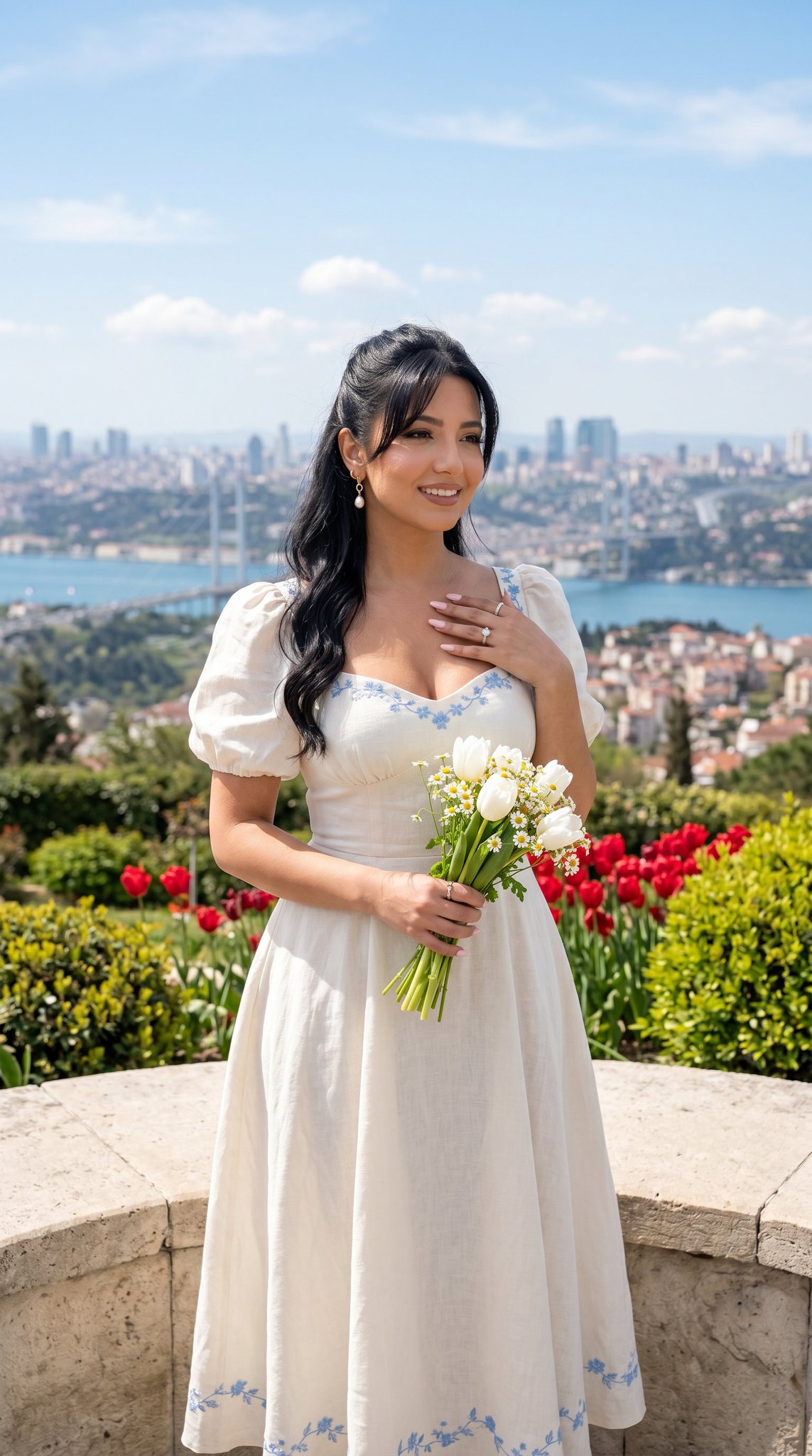 White Linen Dress Red Tulips City Skyline