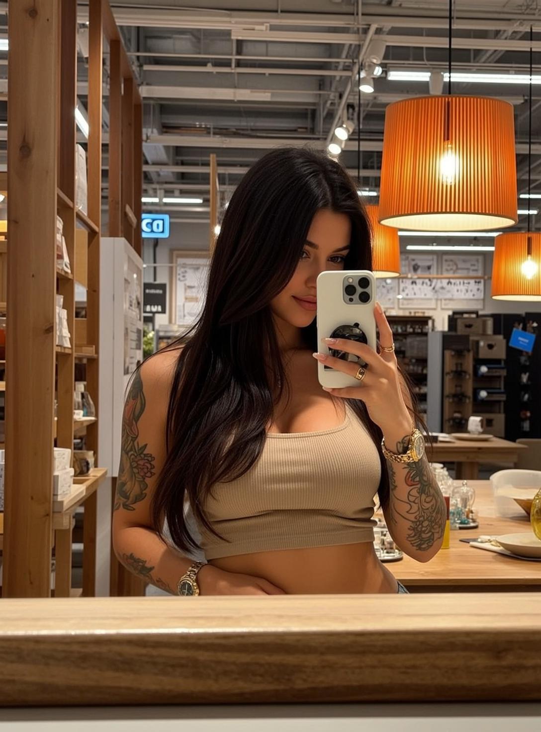 Beige Ribbed Crop Top Mirror Selfie on Interior