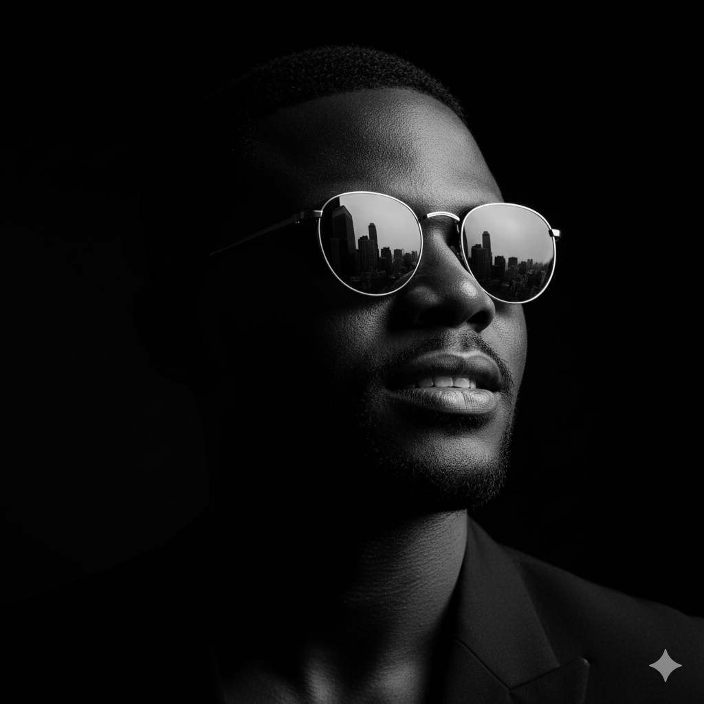 Close-up portrait of a man with a beard wearing reflective sunglasses, gazing upward, highlighted by dramatic lighting and deep shadows against a black background.