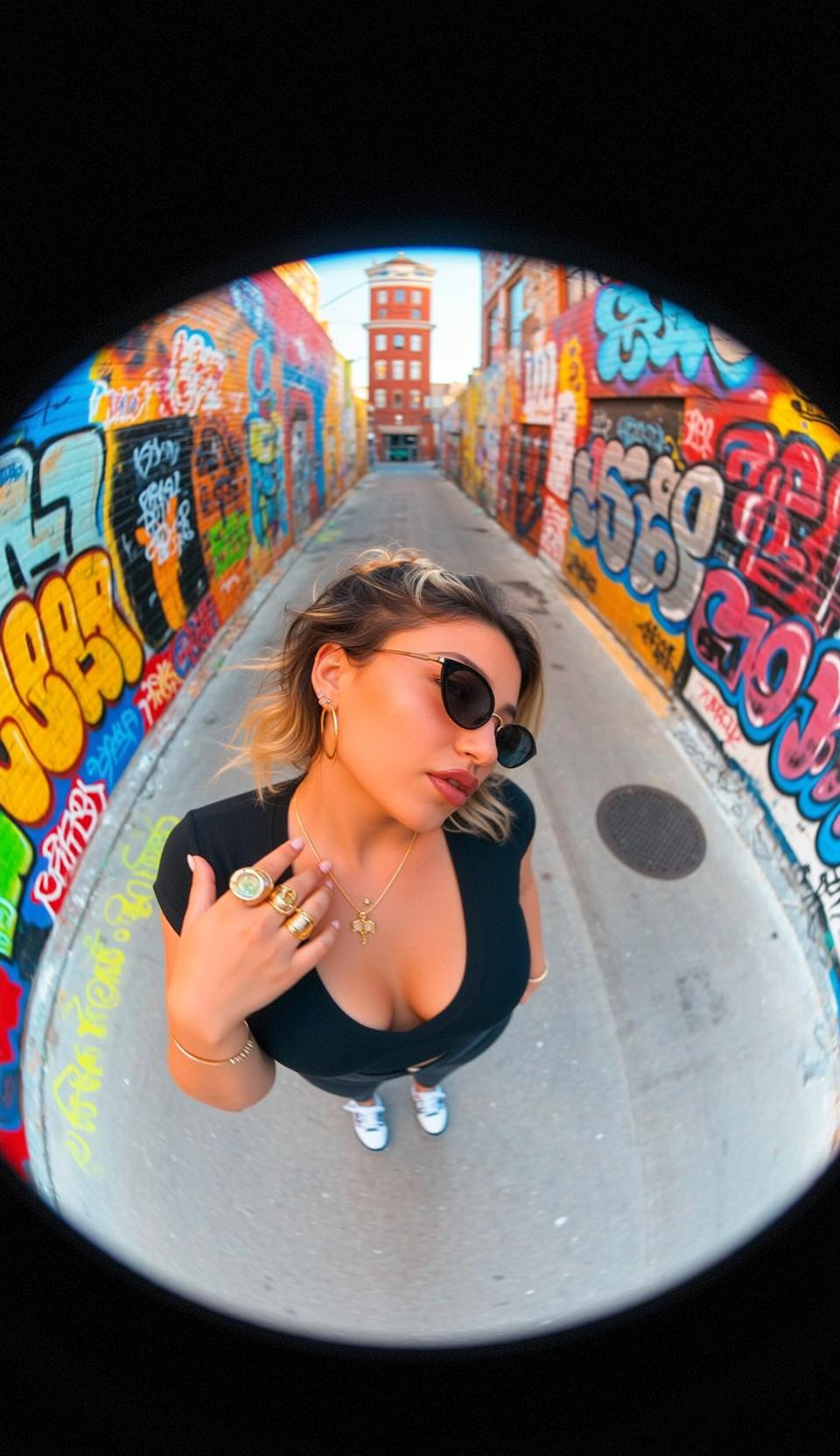 Fisheye Young Blonde Wavy Tan Black V-neck