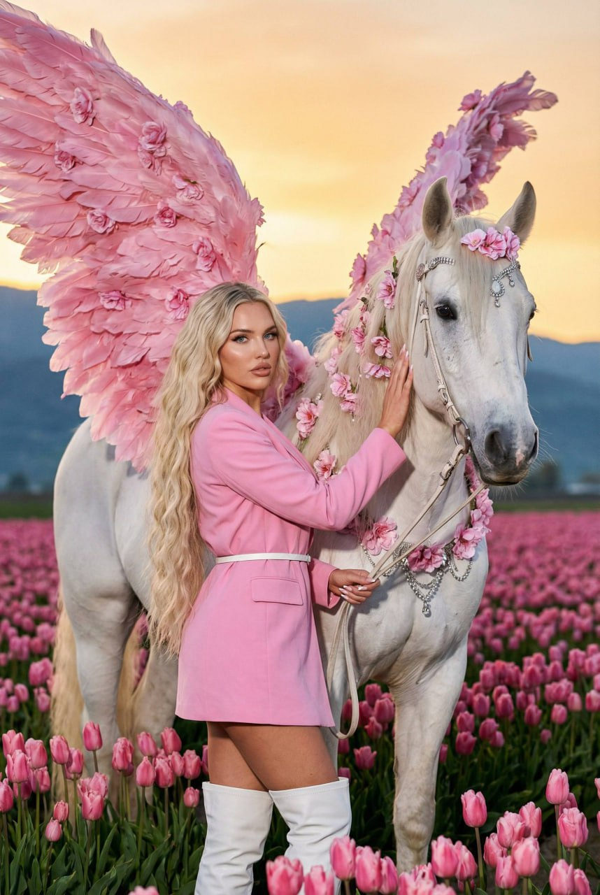 A girl in a fitted pink dress-jacket gently touches a white pegasus in a tulip field, with mountains in the background.