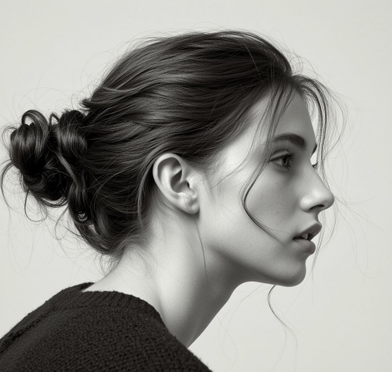 Medium Shot Profile View Black And White Photograph Young Woman