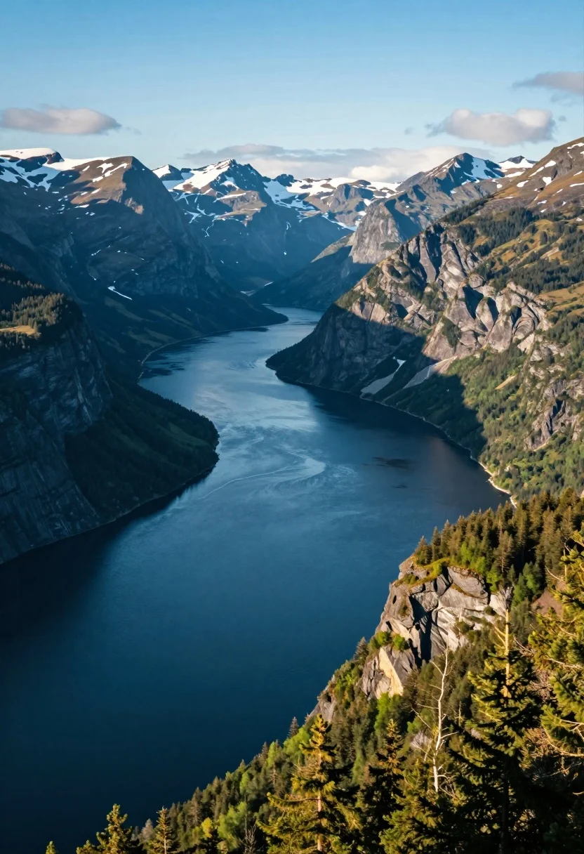 Breathtaking Aerial View Deep Blue Fjord Winding Through Towering Forested
