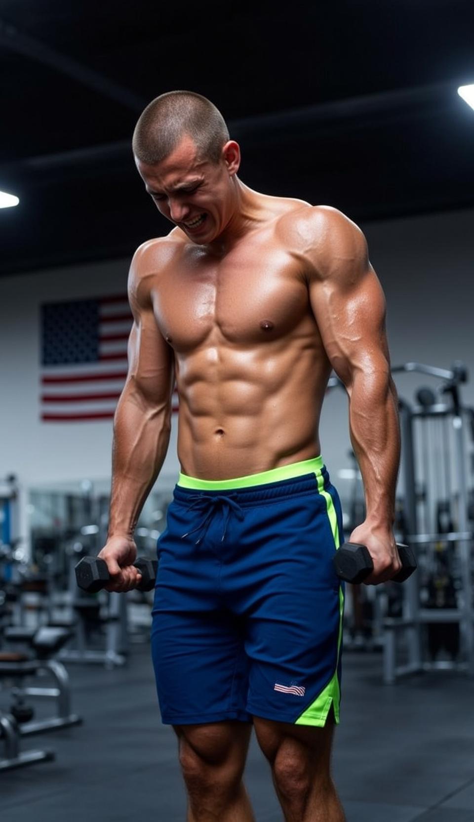 Muscular Buzz Cut Tan Blue Athletic Shorts