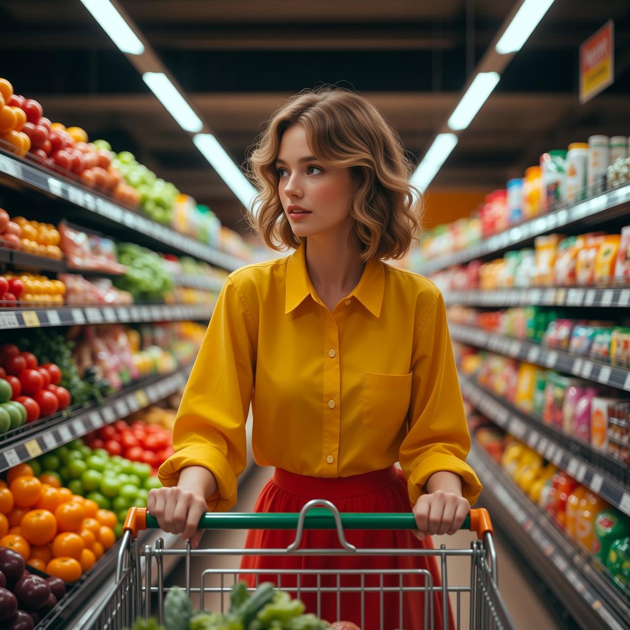 Woman Yellow Shirt Red Skirt Grocery Aisle