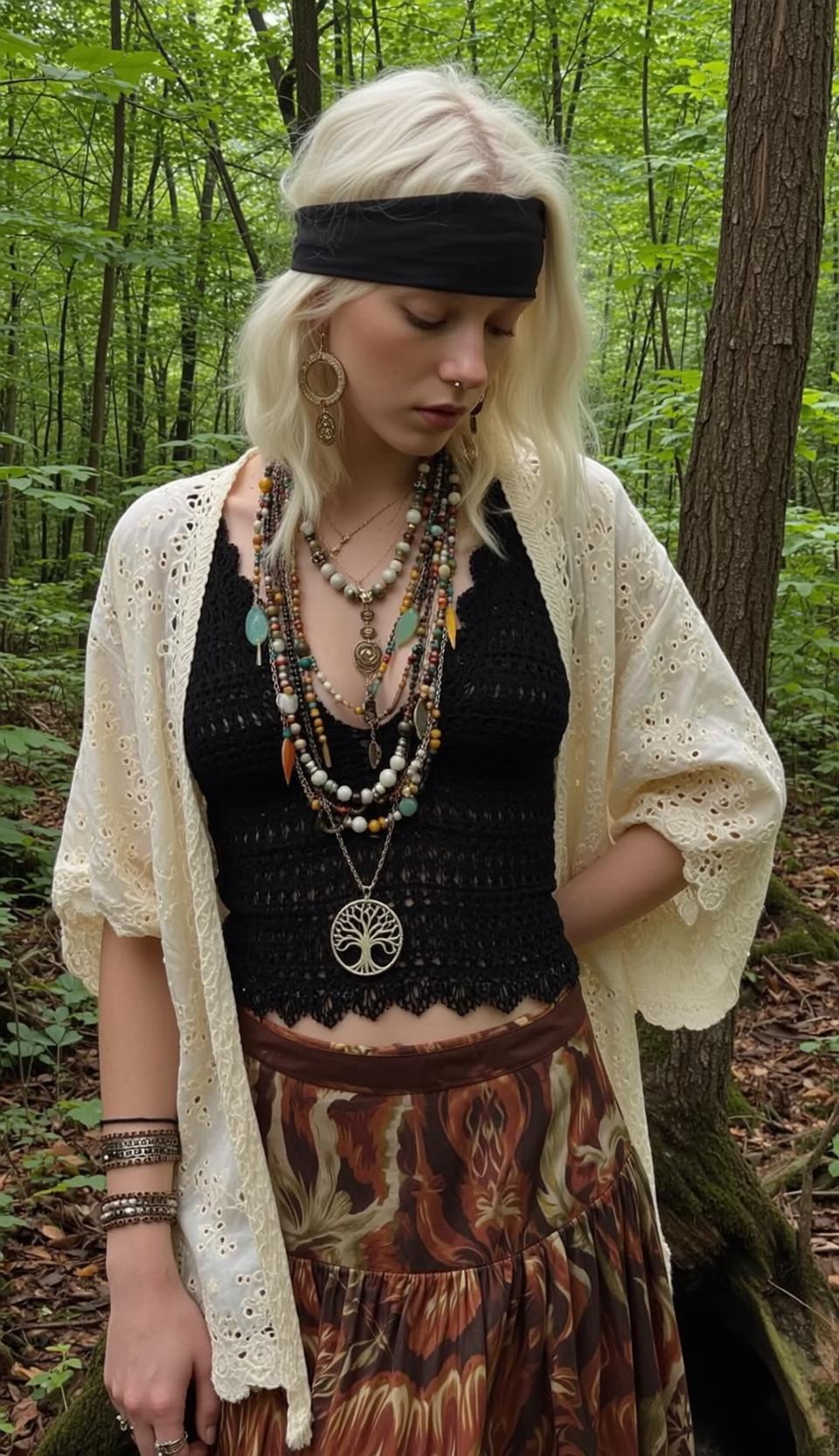 Blonde Woman Forest Bohemian Kimono Layered Necklaces