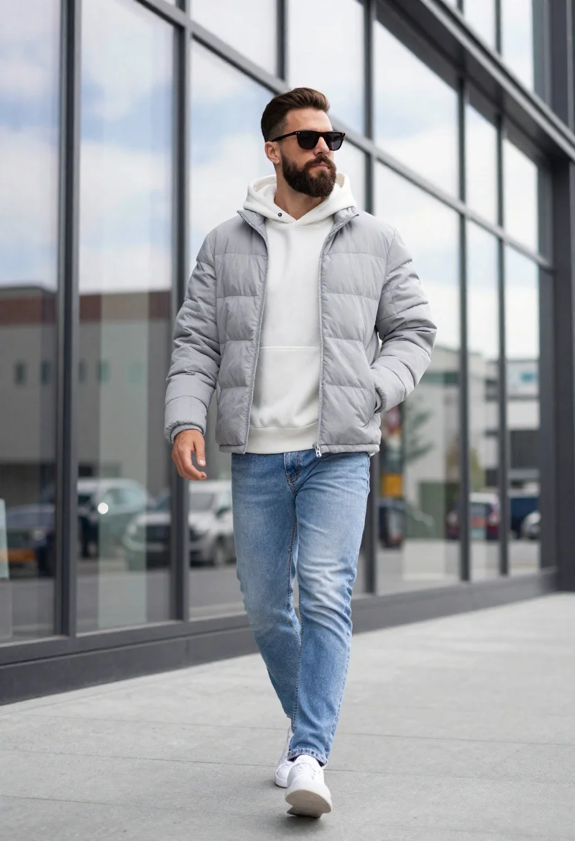 A stylish man walking confidently beside a modern glass building, captured with soft daylight.