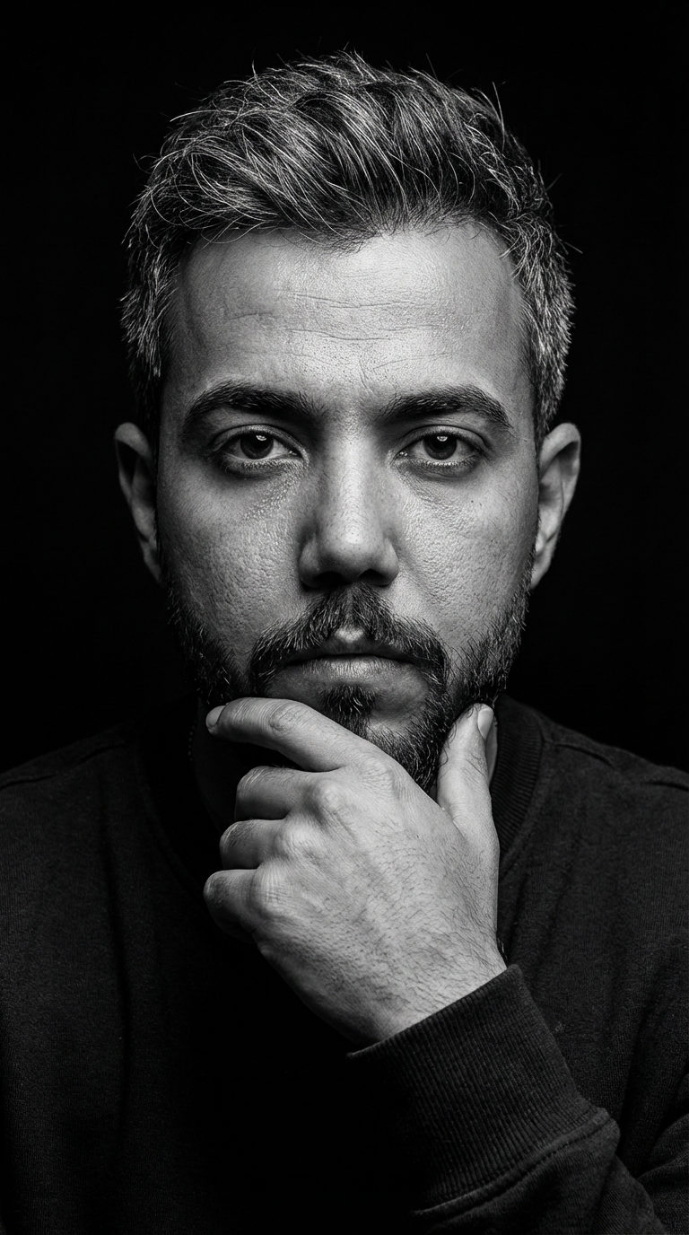 Ultra-high-resolution editorial portrait showcasing a man's face with salt-and-pepper hair, refined grooming, and deep focus.