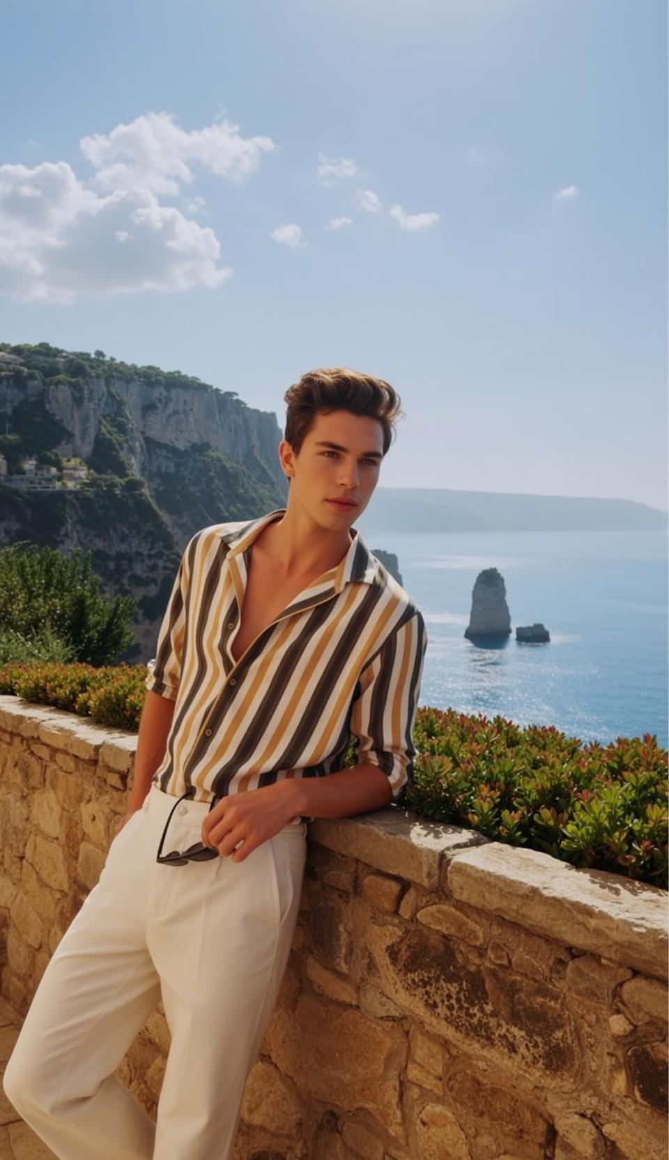 Young Brown Styled Light Striped Short-sleeved Shirt