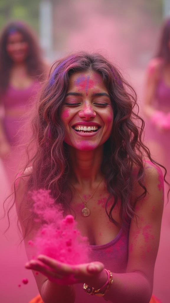 A woman joyfully dancing at the Holi Festival, covered in colorful powder, surrounded by a blur of other dancers.