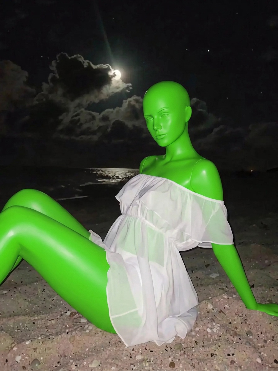 Template for White Ruffle Dress Pose On Moonlit Beach