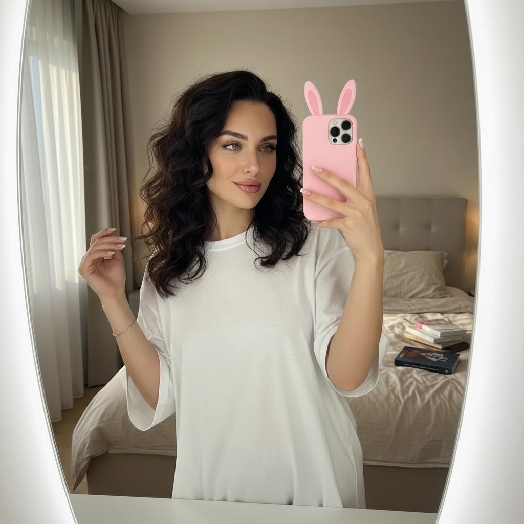 Photorealistic bunny-phone mirror selfie preview with the reviewed outfit, pose, setting, lighting, and camera framing.
