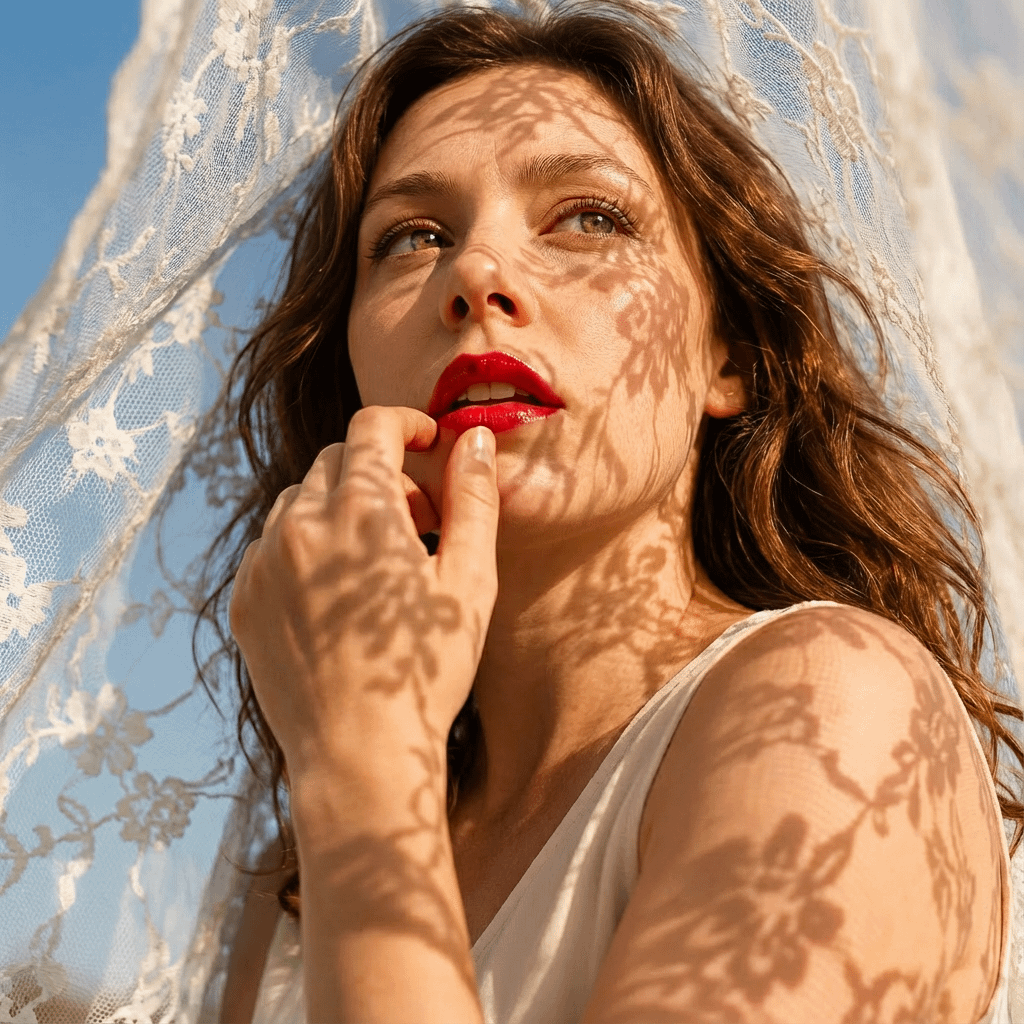 Sheer Lace Draped Outdoors Sunny Blue Sky Looking Up