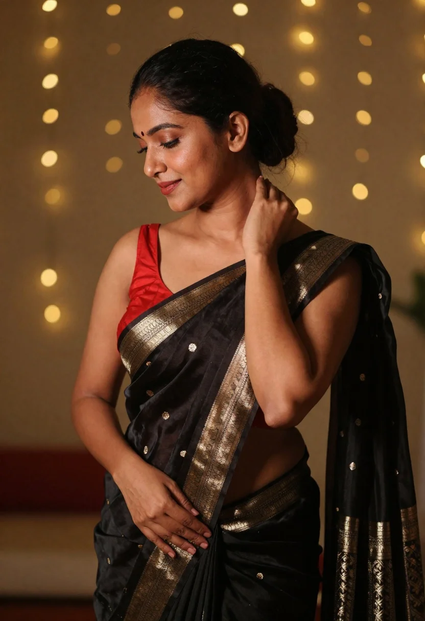 Graceful Woman Profile Wearing Black Silk Saree With Gold Brocade reference photo