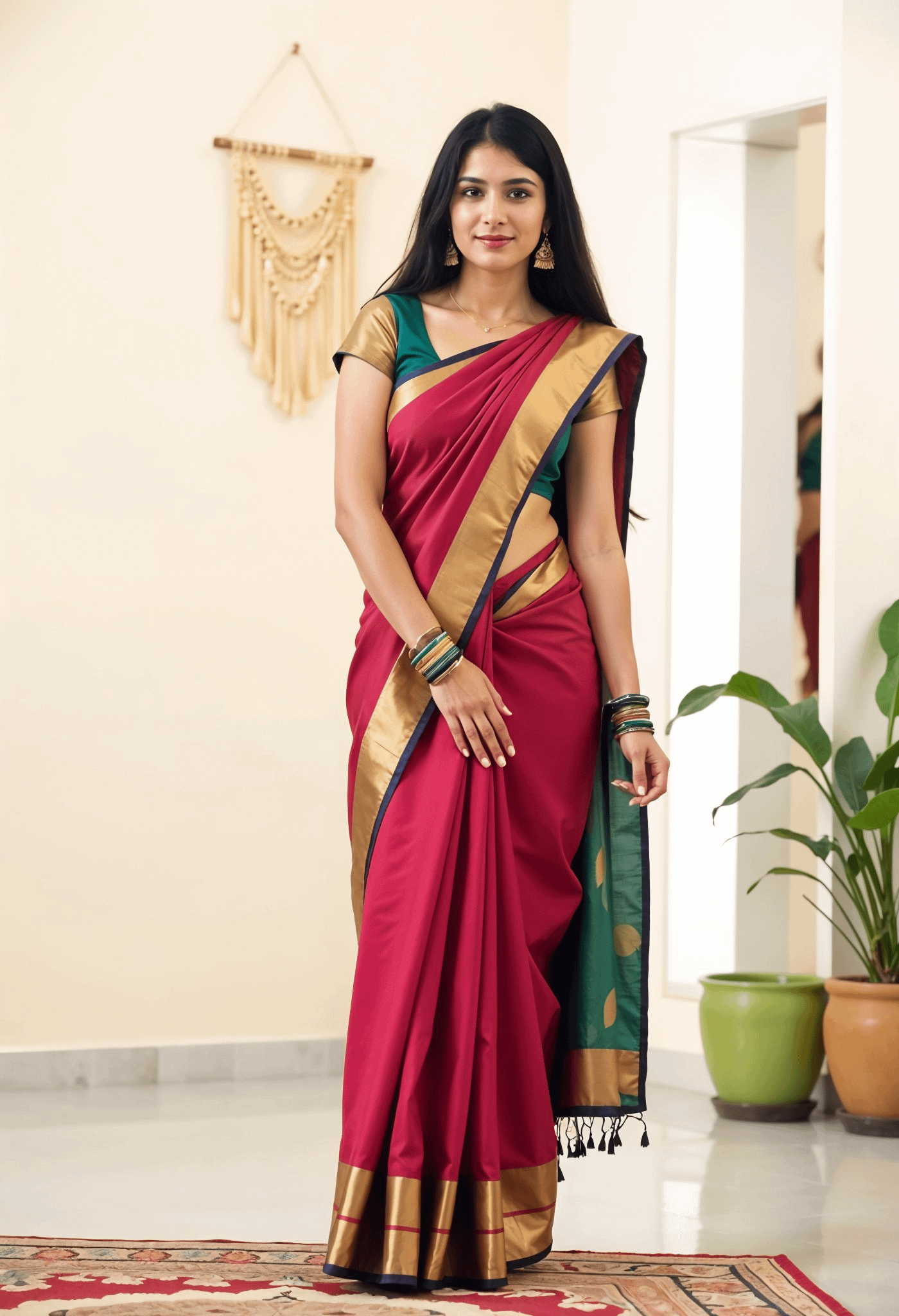 Magenta Silk Saree Studio Portrait With Gold Border