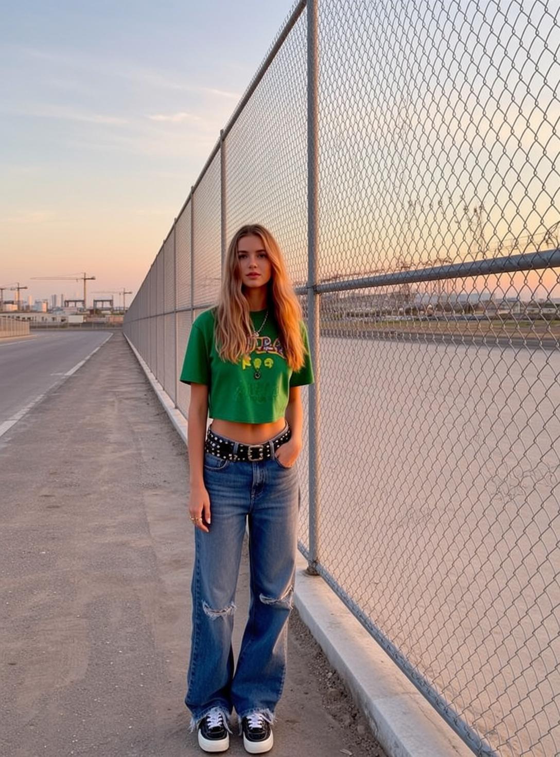 Blonde Woman Green Shirt Ripped Jeans Sunset Fence