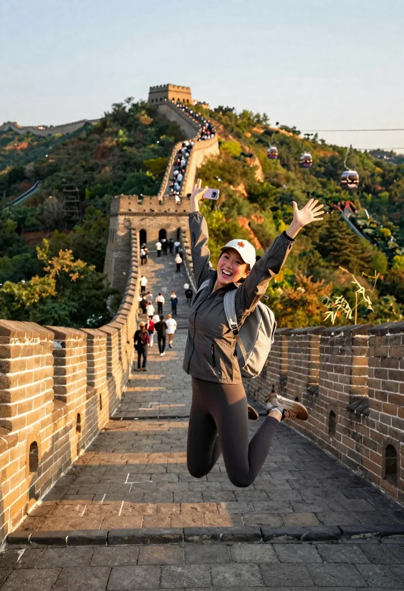 Breathless Great Wall Conquest Scene Ecstatic Tourist Woman Celebrating Atop reference photo