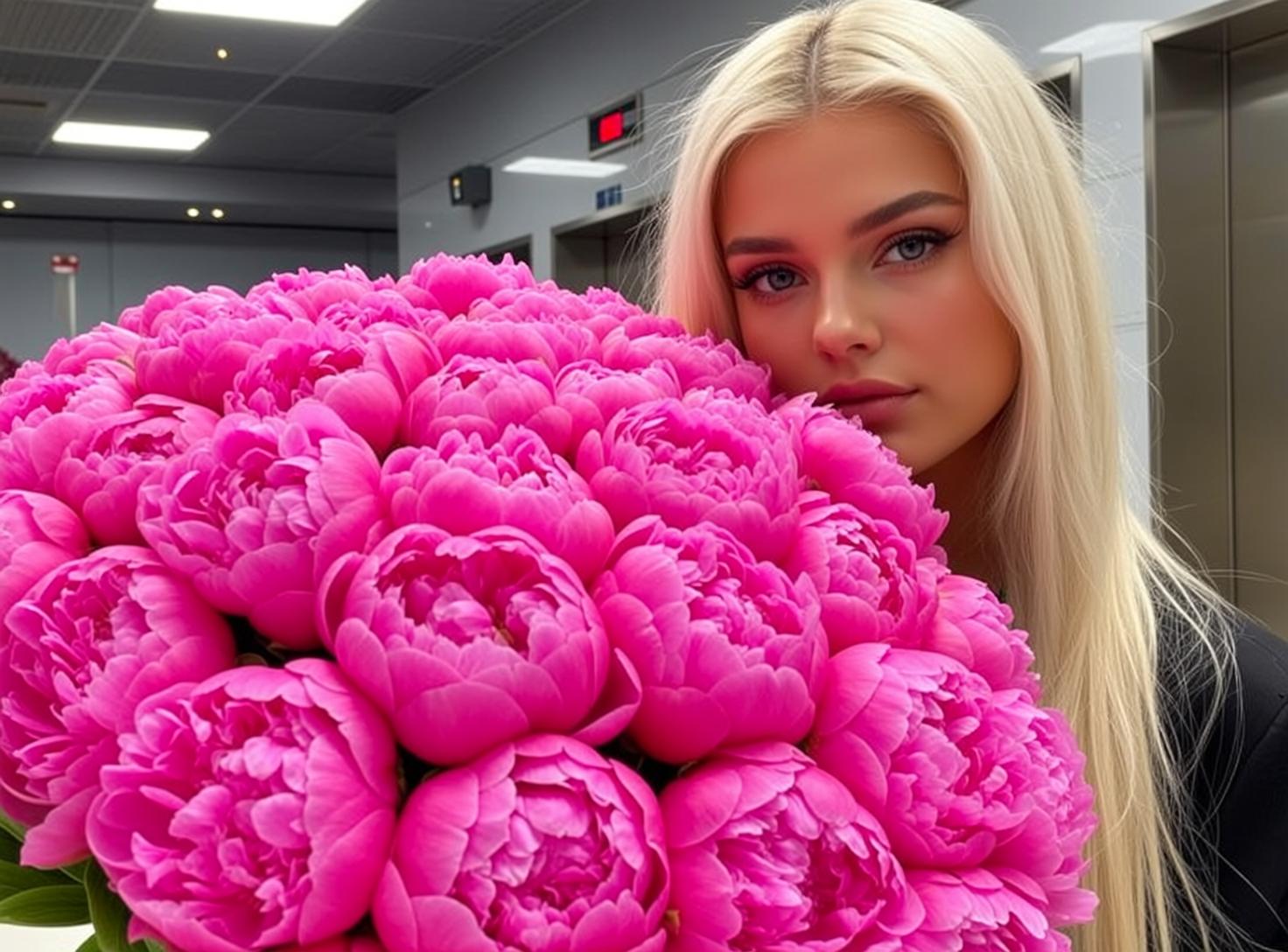 Barbiecore Holding Large Bouquet Vibrant Pink Peonies