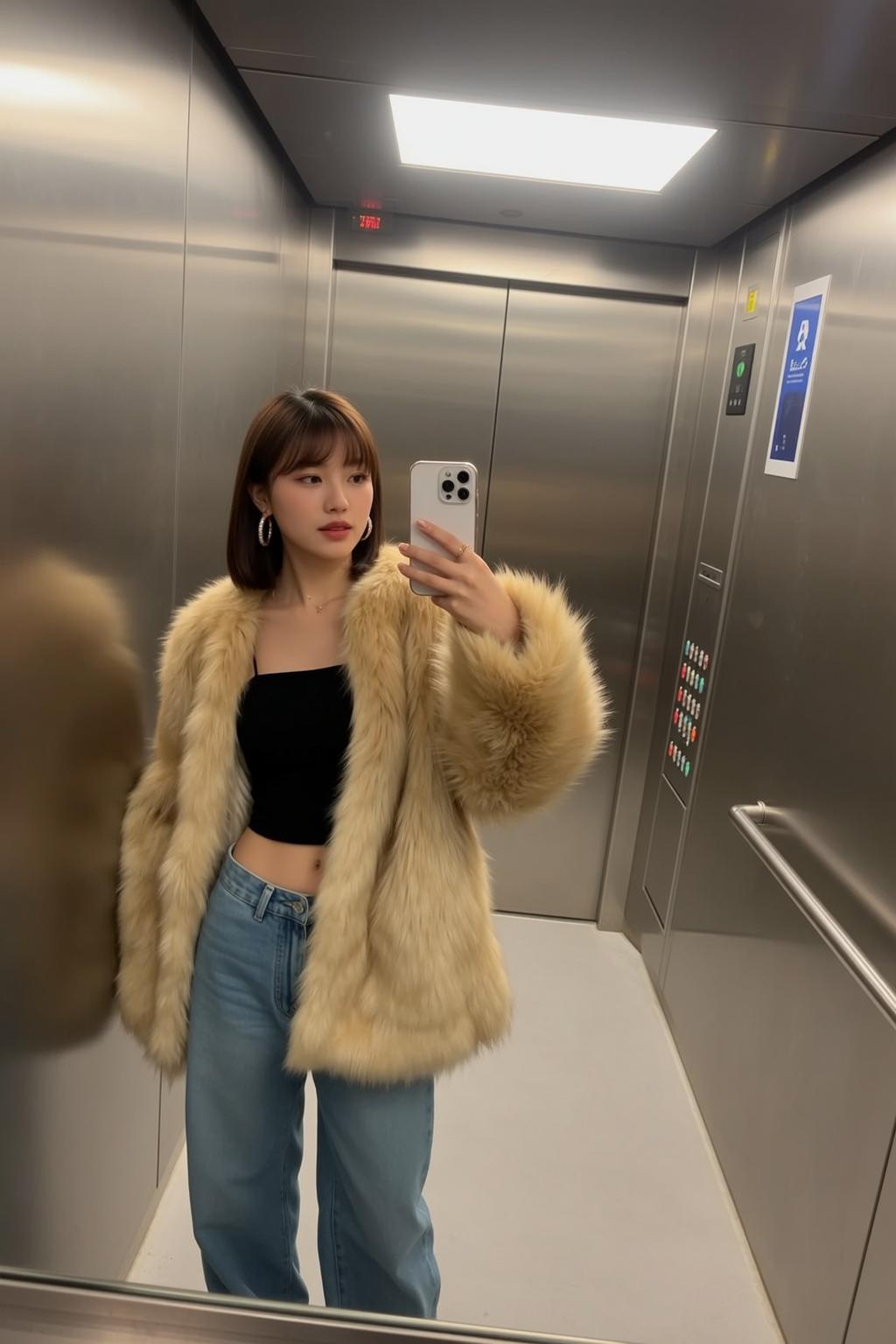 Y2k Stands Elevator Taking Selfie Her Phone