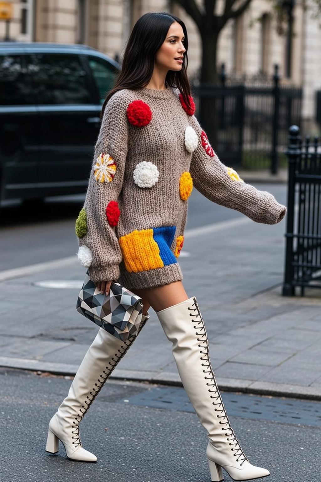 Walking City Street Pom Pom Sweater Clutch