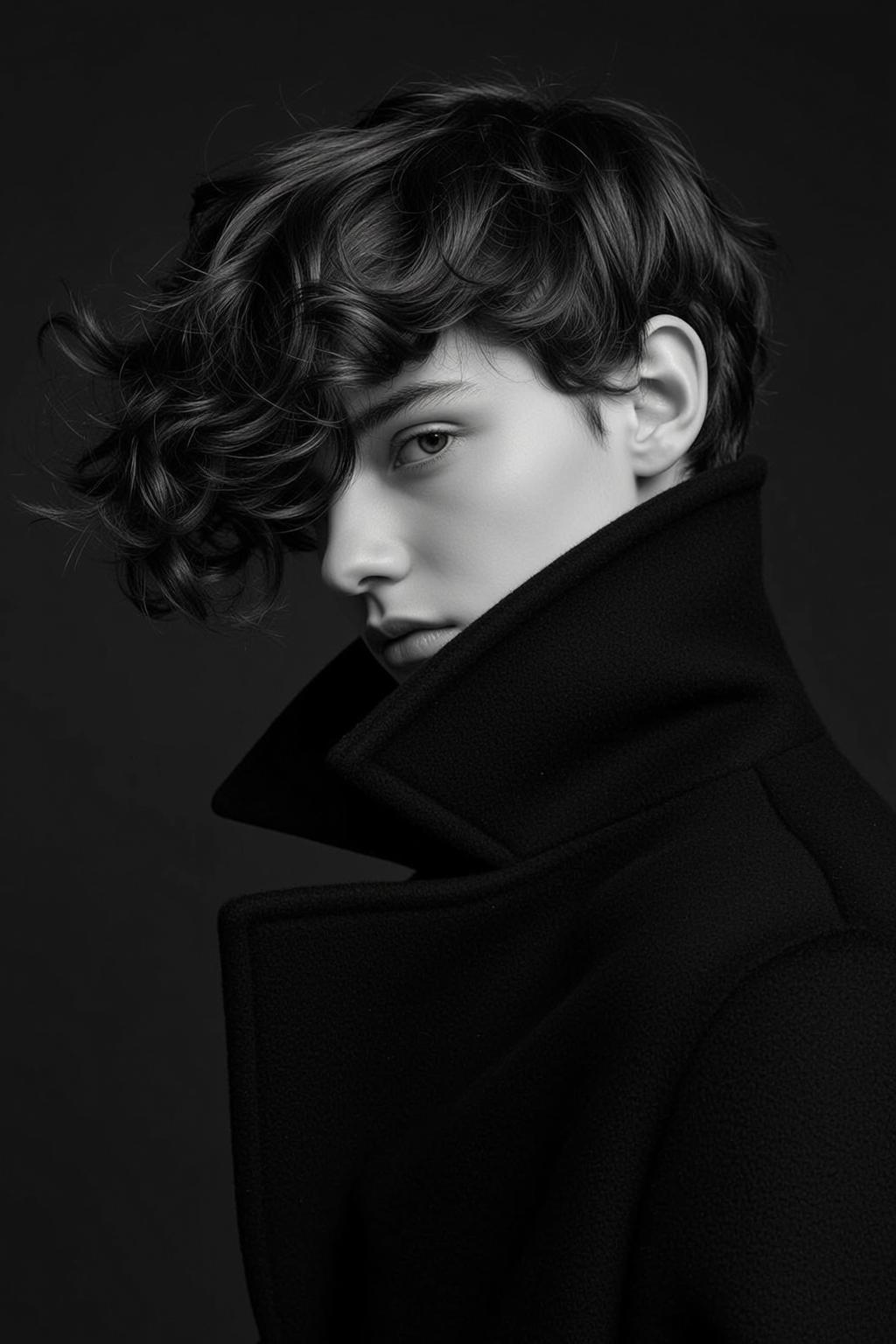 Photorealistic Black And White Portrait Young Person With Wavy Dark