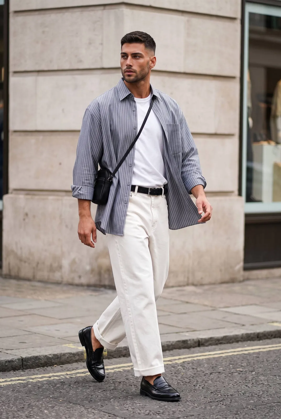 Walking On Urban Sidewalk Striped Shirt
