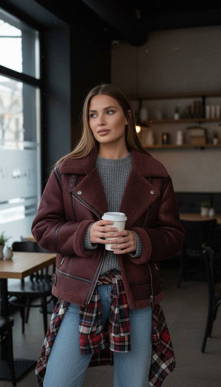 Candid shot of a woman in a burgundy aviator jacket standing in a dark cafe, holding a coffee cup, with a snowy window backdrop.