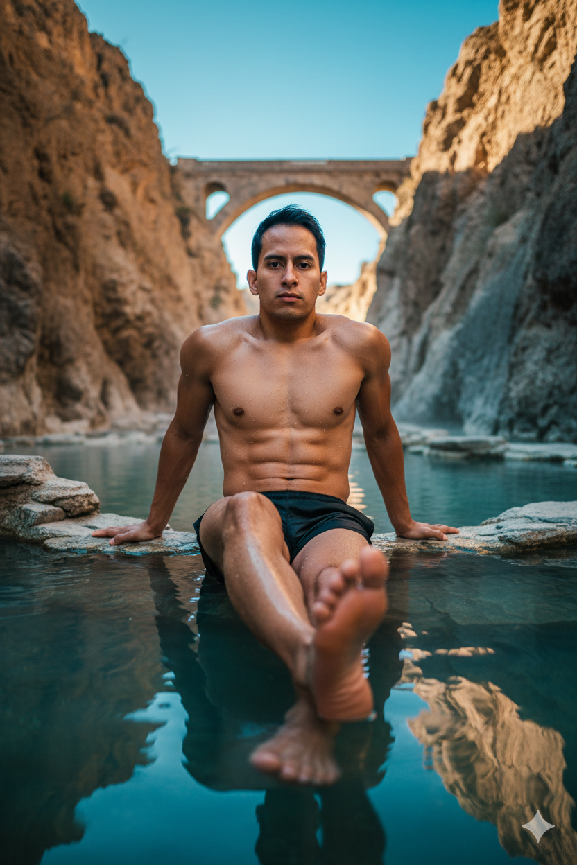 A bronzed man sitting at the edge of a geothermal hot spring, one leg in water, surrounded by rugged cliffs and an ancient bridge.