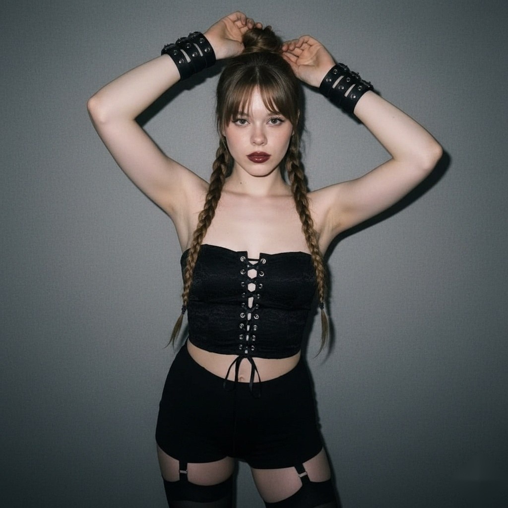 Close-up portrait of a woman with long braided hair, wearing a bandeau top and lace-up front, set against a gray wall.