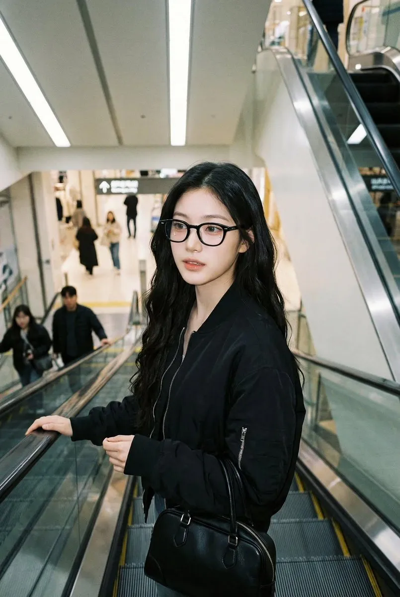 Glasses Escalator Black Bomber Jacket Candid Shot