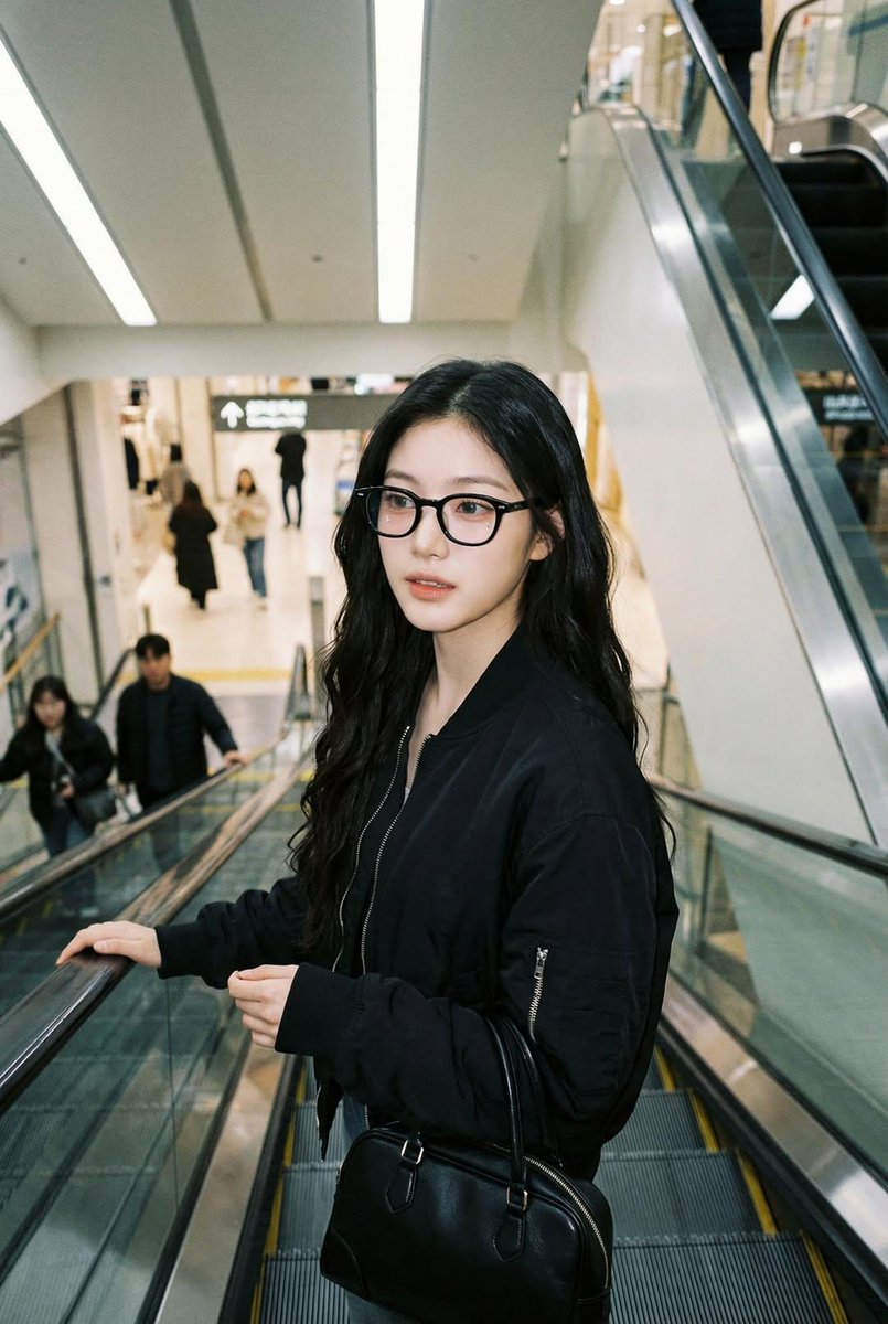 A woman in a black bomber jacket riding an escalator with a relaxed expression, wearing black horn-rimmed glasses.