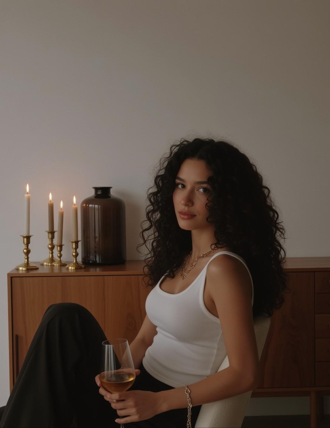 White Tank Black Pants Holding Wine Glass