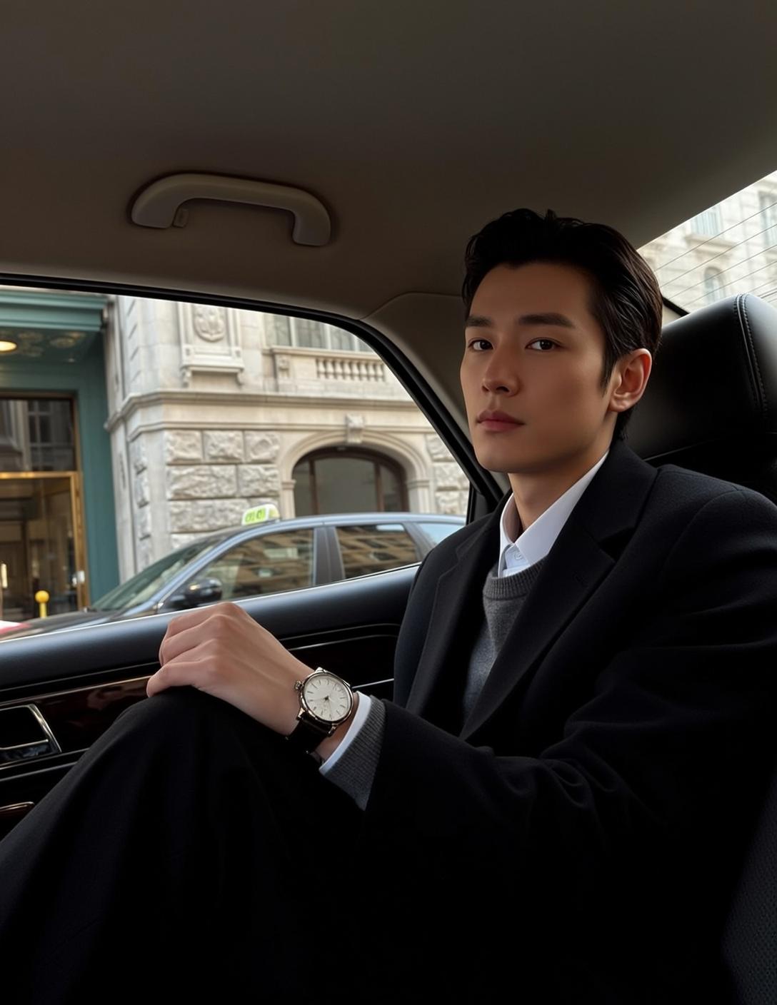 Man In Car White Shirt Grey Sweater Black