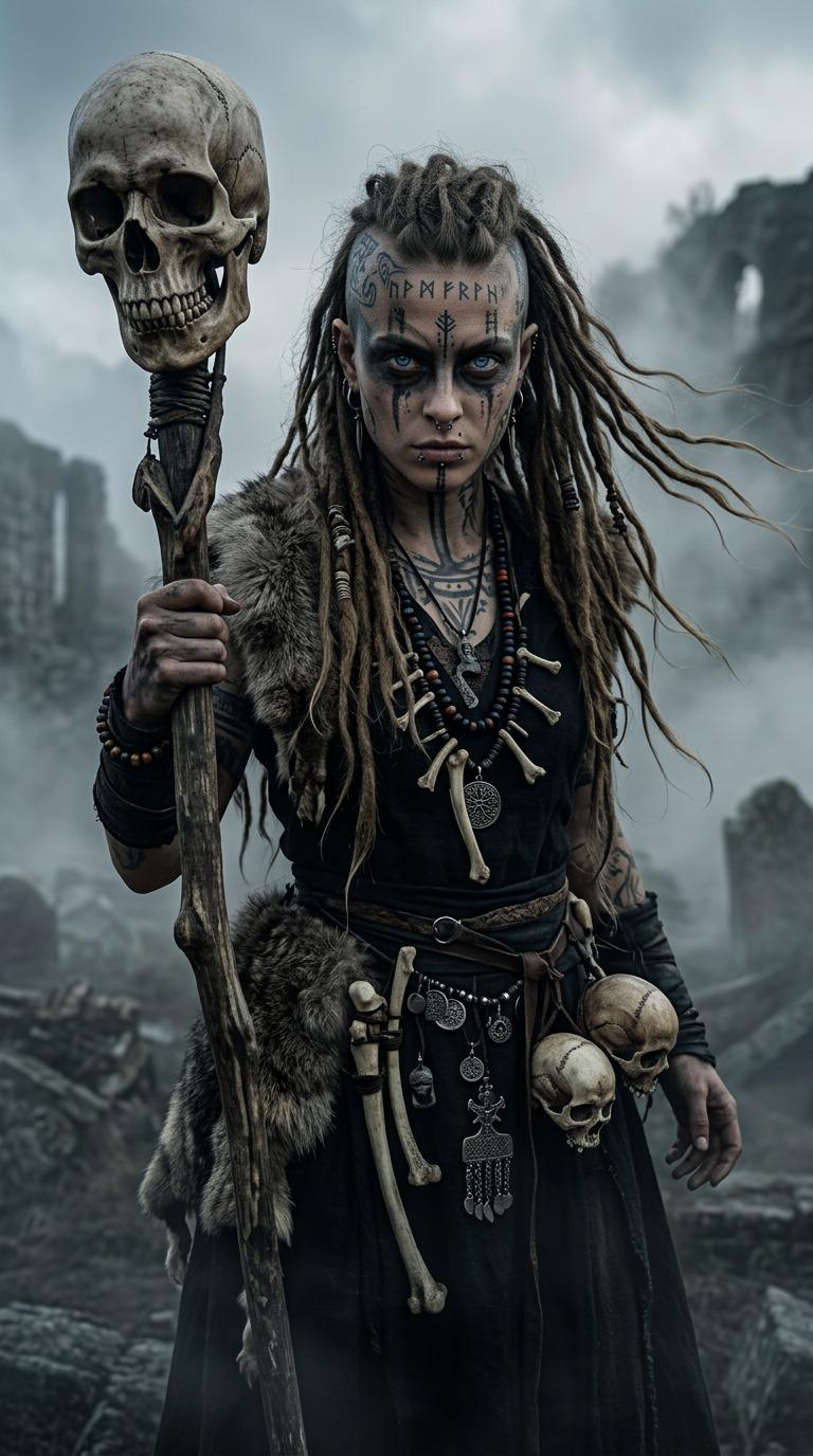 Shamanic Sorceress Tribal Tattoos Ancient Landscape Skull Staff