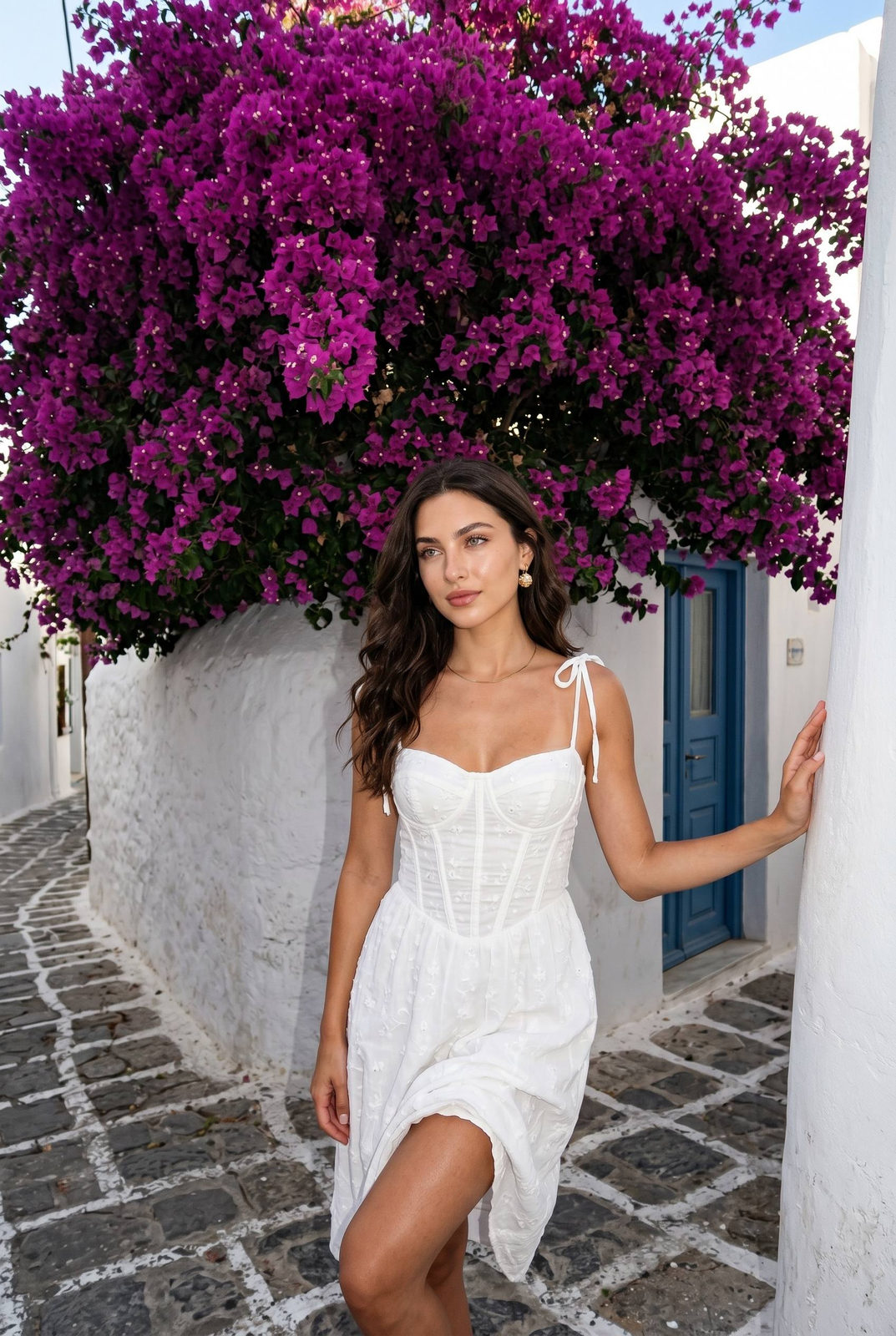 Woman in a white dress leaning against a whitewashed stone wall, bright purple bougainvillea overhead, vibrant Greek island street scene.