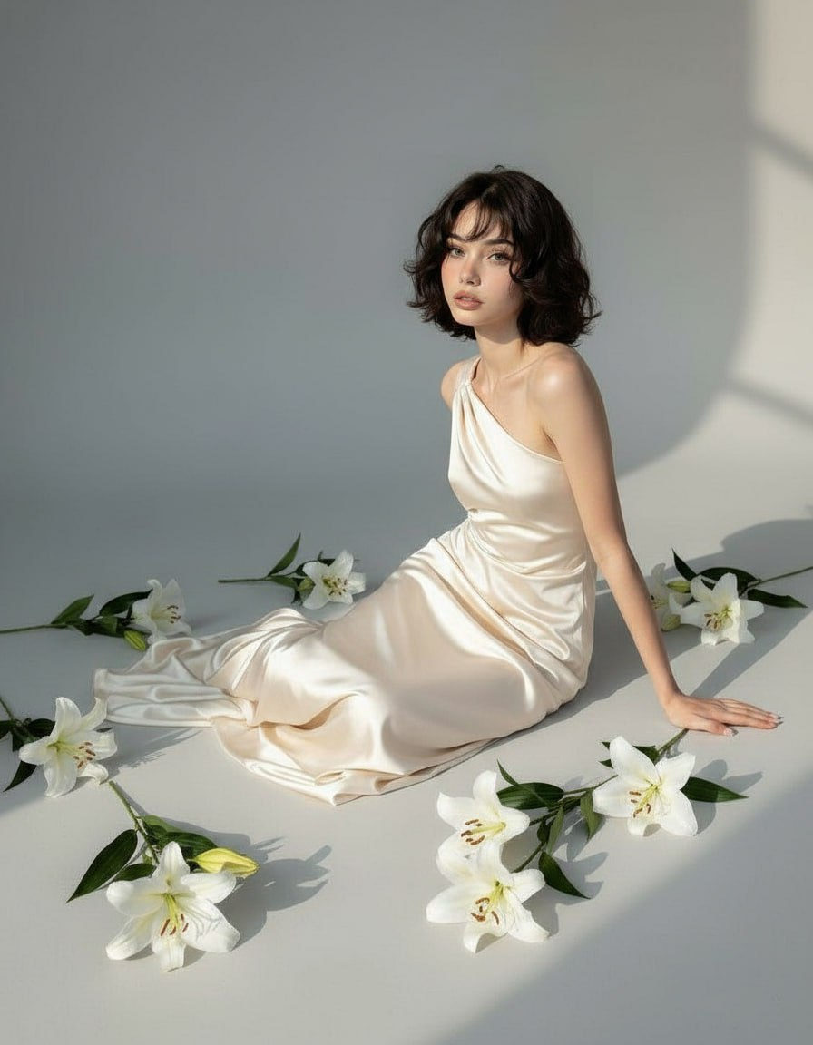 A serene portrait in a minimalist studio with scattered lilies, featuring a person in a light satin dress, captured in soft natural lighting.