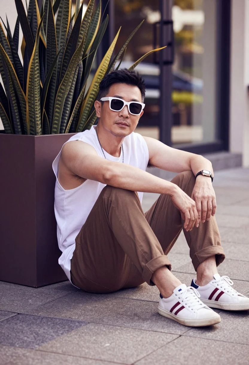 Man Sits Casually Paved Ground Next Large Planter With Tall
