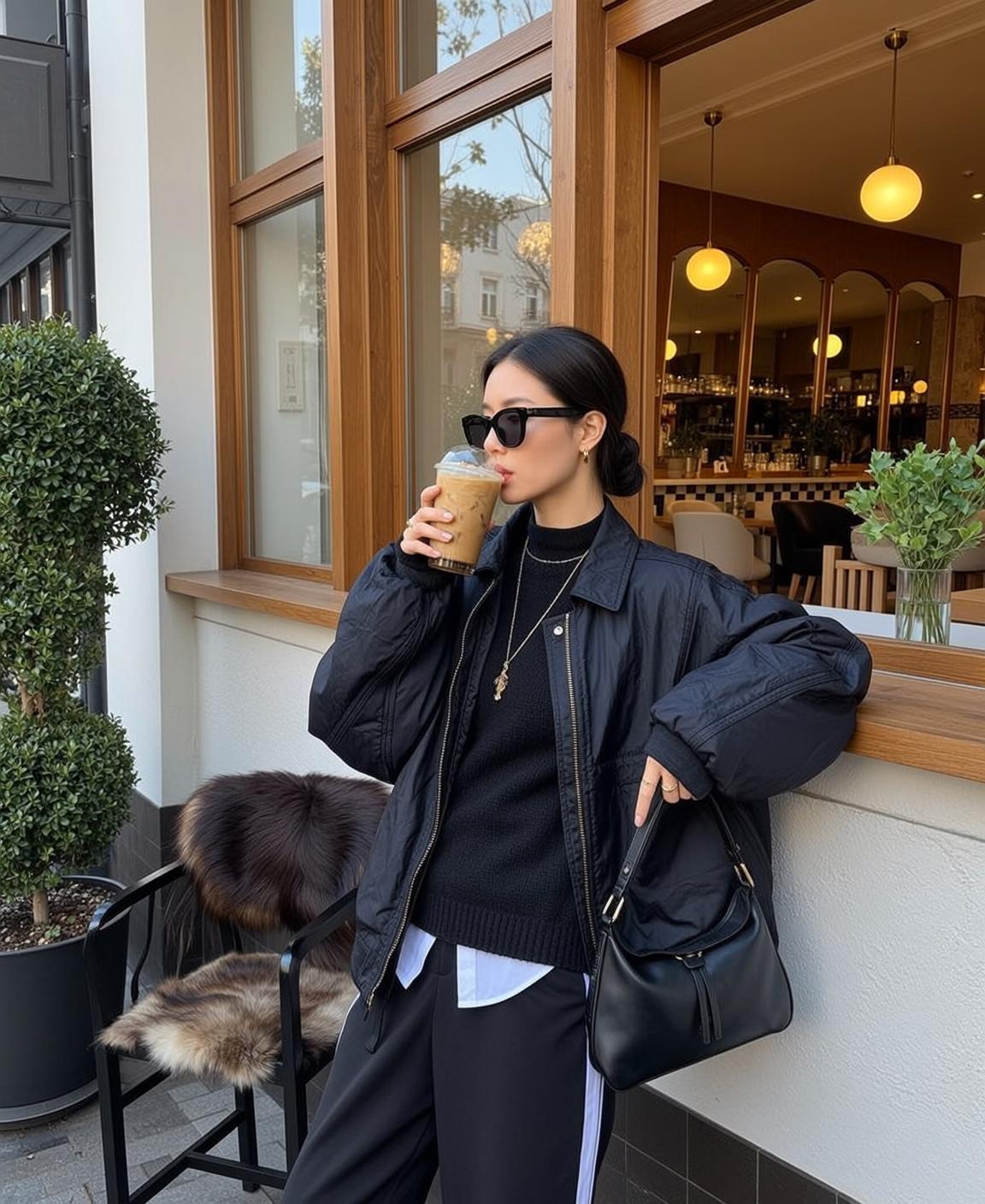 Black Sweater and Pinstripe Pants Cafe