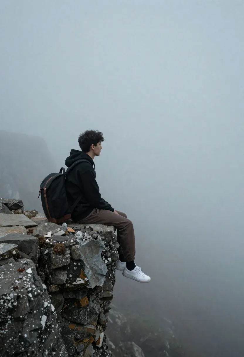 Solitary Young Man Sits Profile The Edge Rugged Stone Cliff