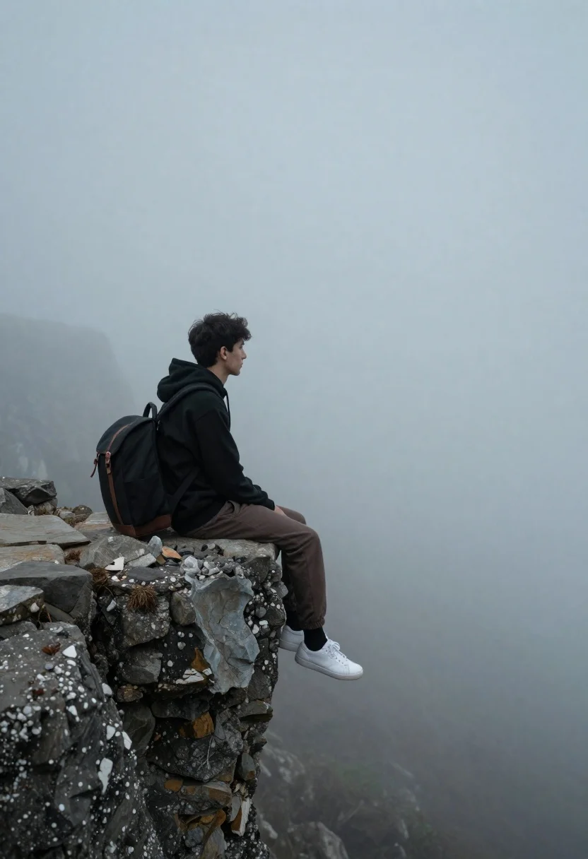 A solitary young man sitting on the edge of a rugged stone cliff, gazing into a misty abyss with soft light illuminating the scene.