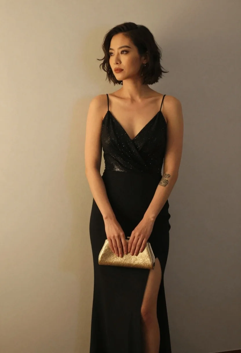 Woman With Short Dark Hair Stands Against Plain Wall Wearing reference photo