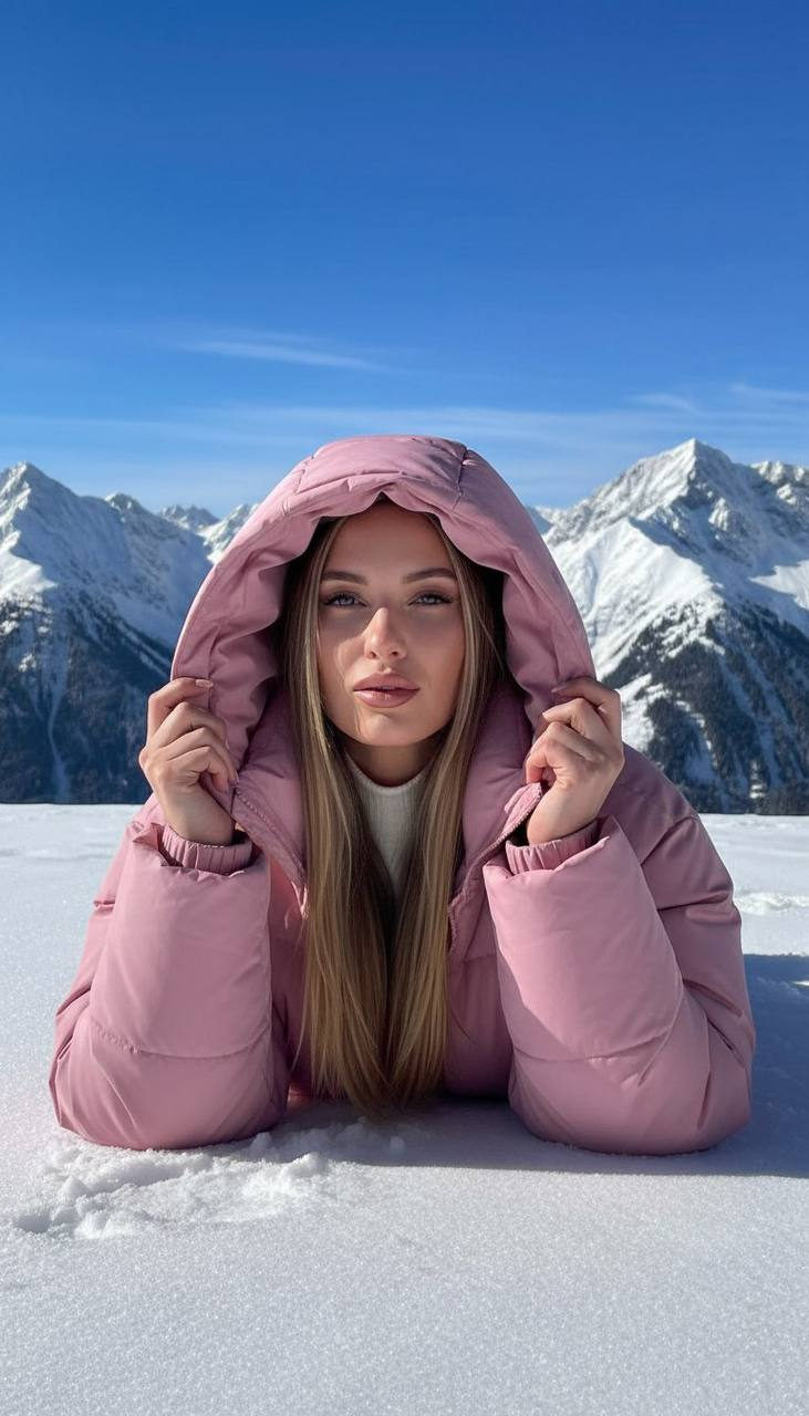 Nordic woman in a pink puffer jacket lying in snowy mountains, looking at the camera under bright sunlight.