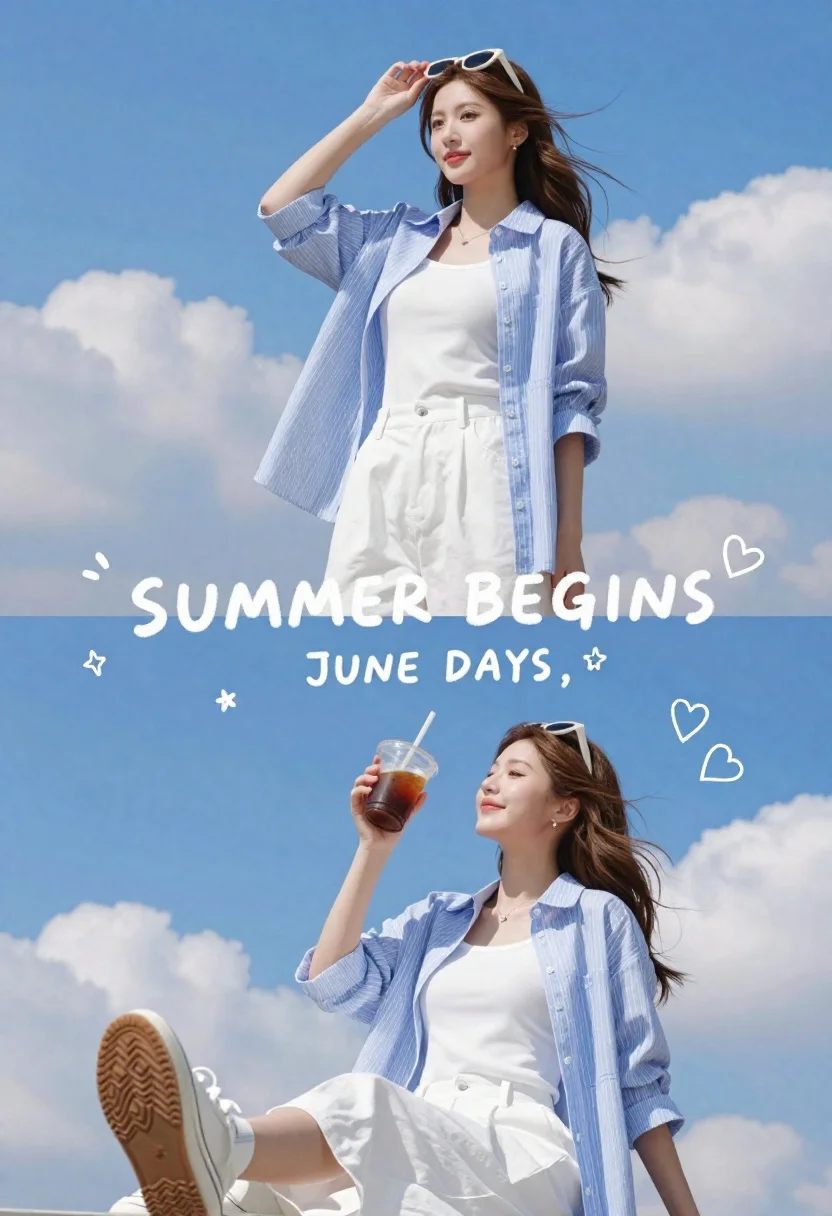 Split-screen Composition Featuring Young Woman Two Different Summer Poses Against