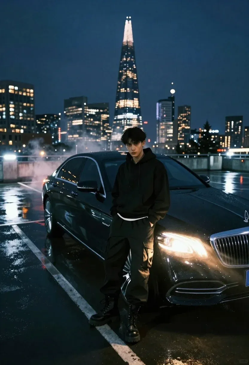 Young Man Stands Casually Next Dark Luxury Sedan Wet Rooftop