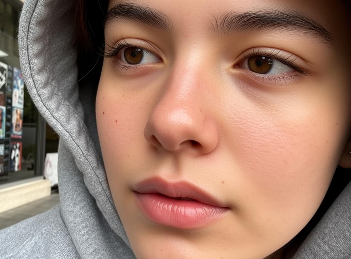Explore Close-up Shows Young Grey Hooded Sweatshirt