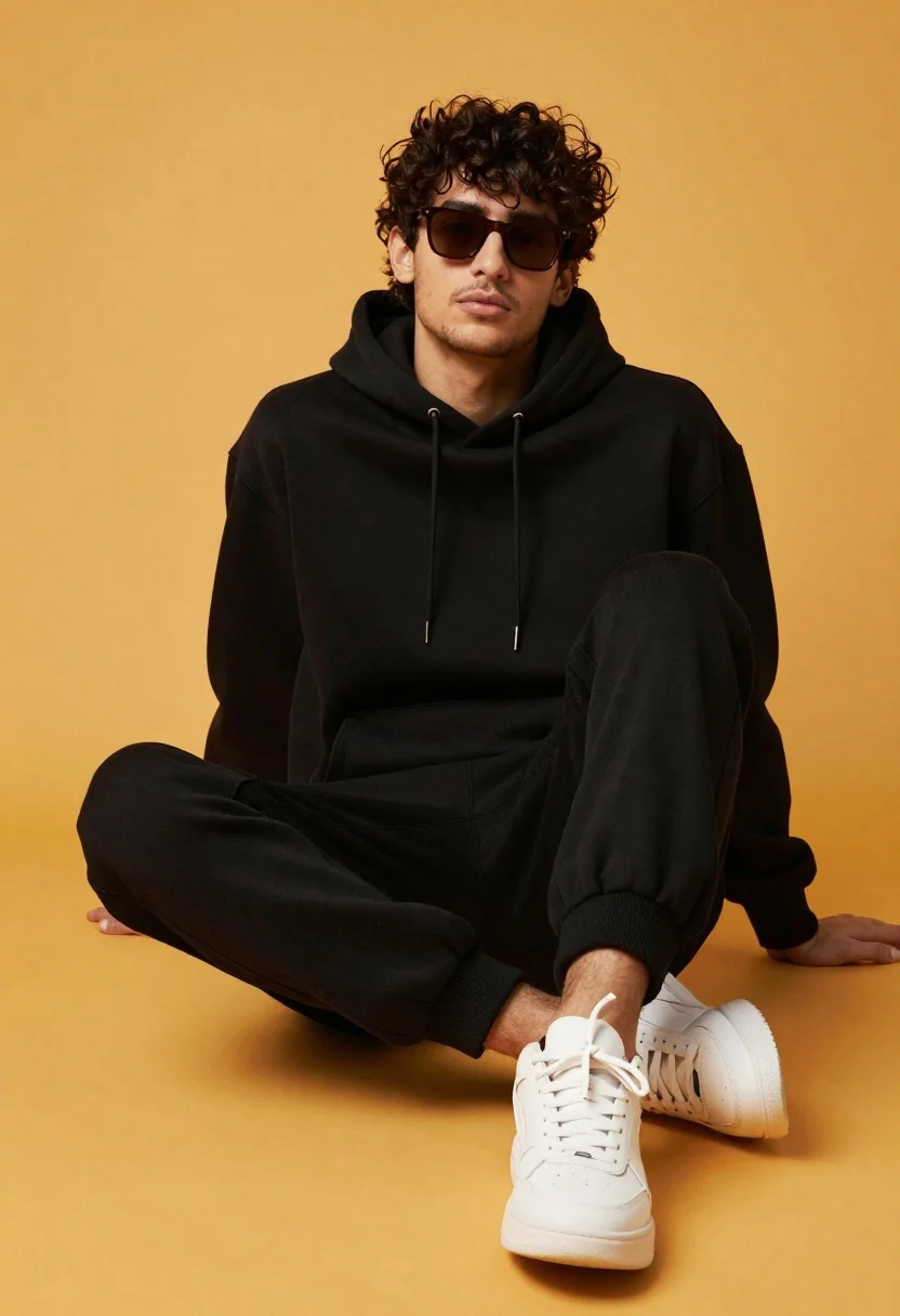 Stylish Young Man Sits Cross-legged The Floor Wearing Black Hoodie