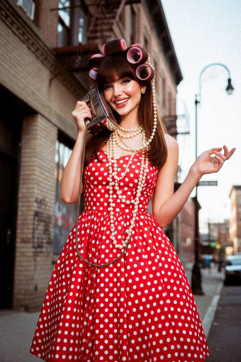 A woman in a red polka-dot dress holding an iron to her ear, styled with curlers and pearls, against an urban street backdrop.