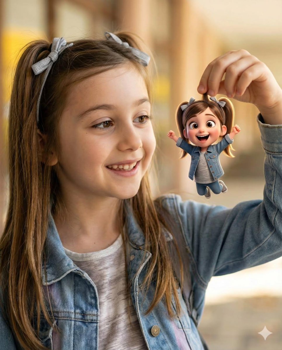 Close-up of a young girl smiling joyfully while holding a tiny Pixar-style character between her fingers, surrounded by a soft golden bokeh background.