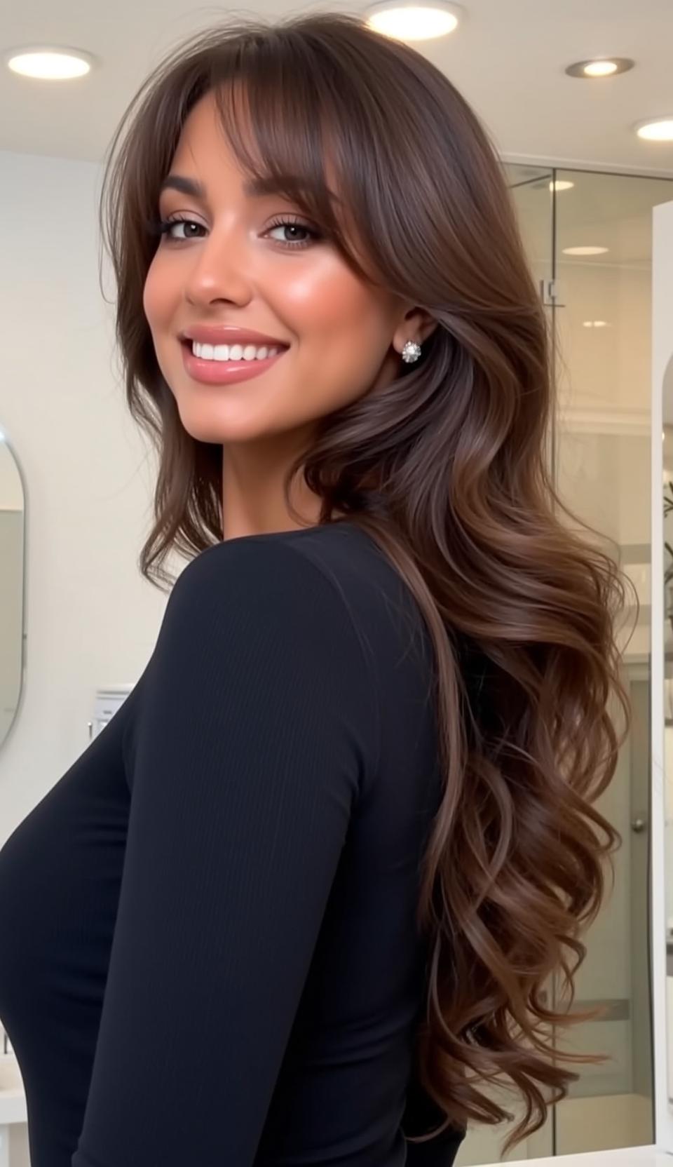Hair Salon Long Wavy Dark Brown Bangs