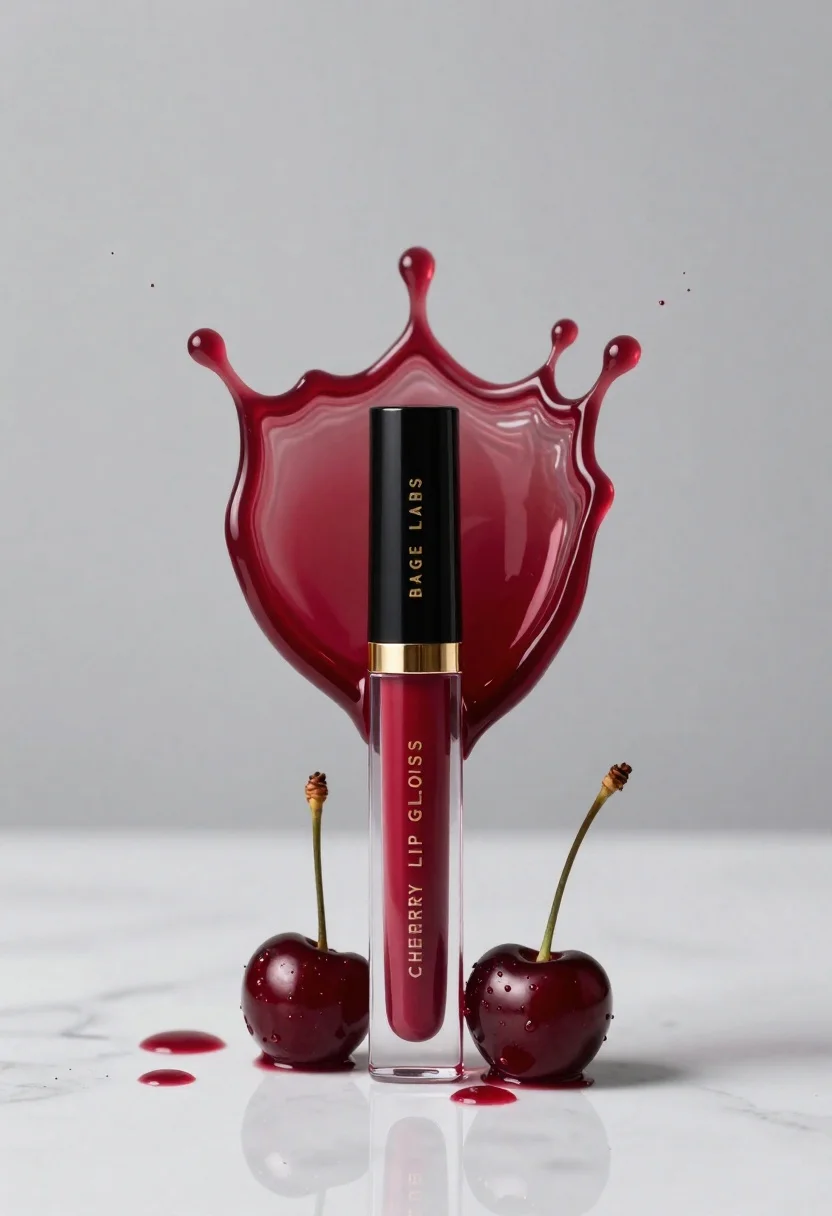 Sleek Tube Cherry Lip Gloss Stands Upright Reflective White Marble